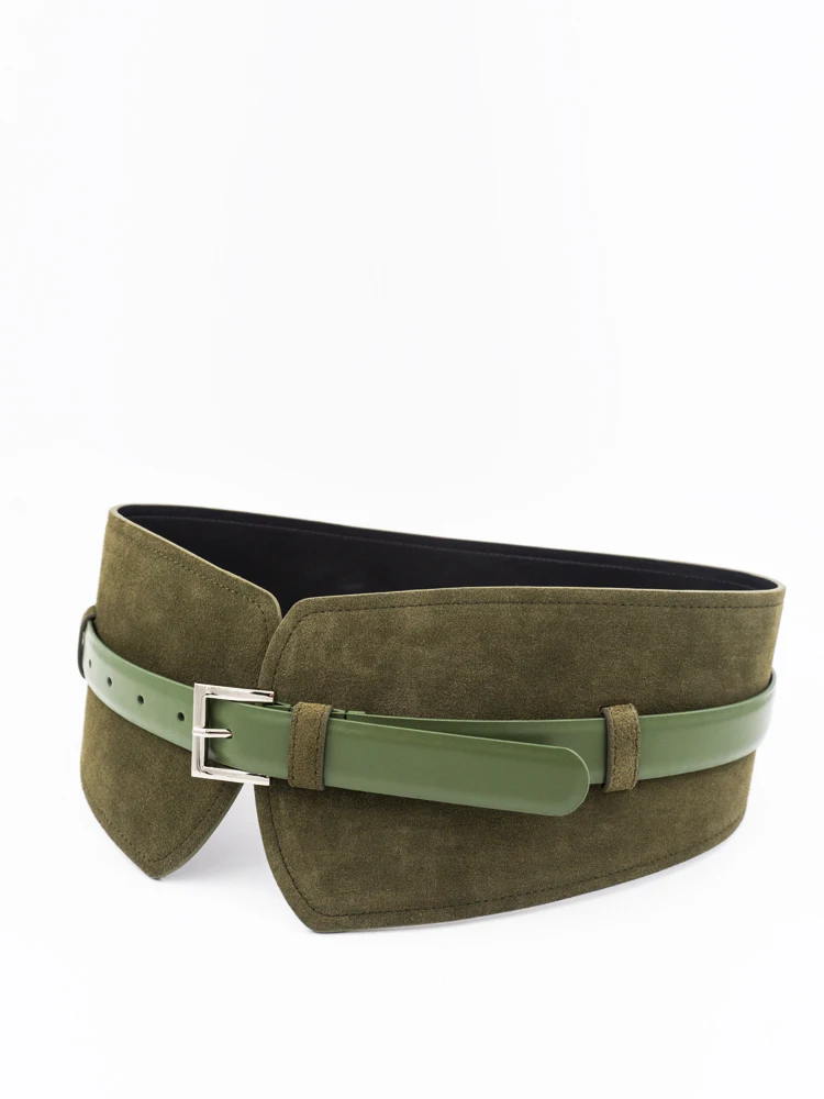 Retro-Wildleder-Doppel zweck bund mit kontrastieren dem braunem Leder und Jacken bund und breitem Gürtel