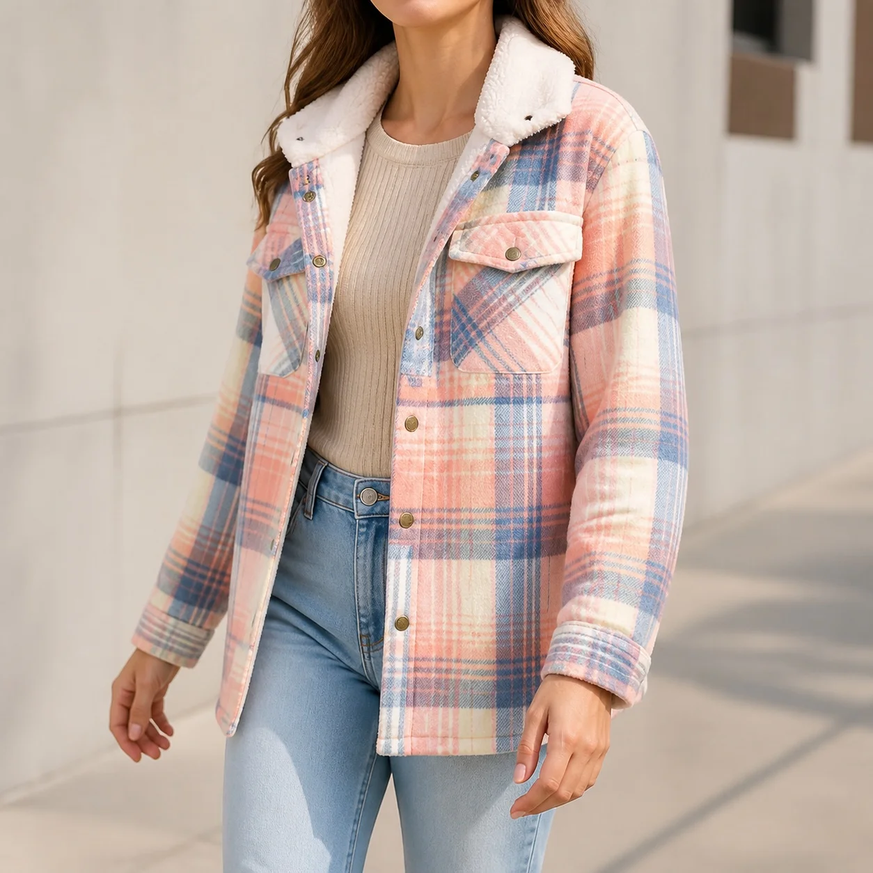 Women's Winter Jacket Medium Weight Urban Style Oversized Fit Plaid Geometric Pattern Long Sleeve Single Breasted Multi Button