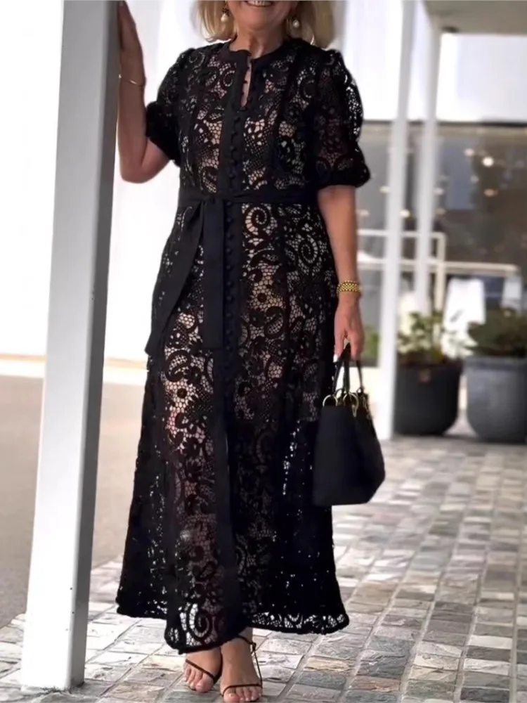 

Fashion O-neck Short-sleeved Waist Dress For Women Summer Elegant Solid Color Lace Single-breasted Strap Casual Dresses Female