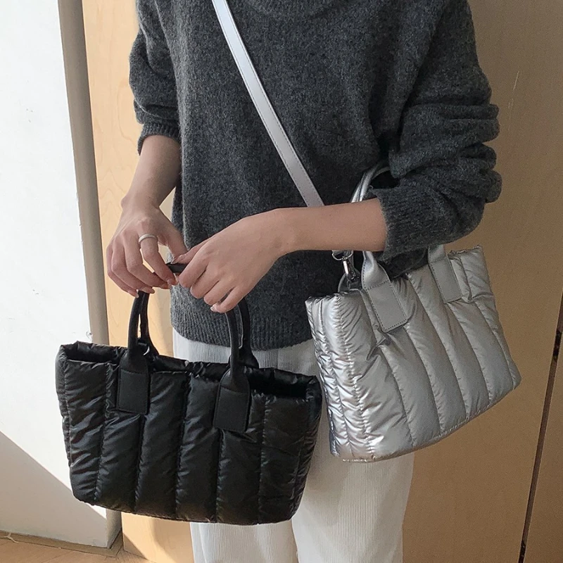 

Silver Cotton Clothes Handbag New Fashion Large Capacity Commuting Tote Bag Solid Color Striped Women Shoulder Crossbody Bag
