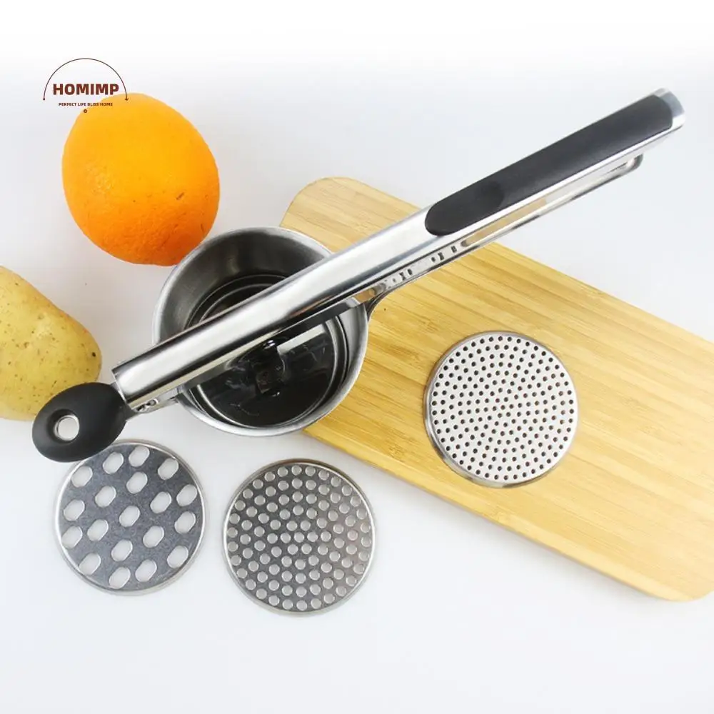 

Stainless Steel Potato Masher Hand Press Silicone Handle Juice Squeezer Manual with 3 Interchangeable Discs Potato Ricer Maker