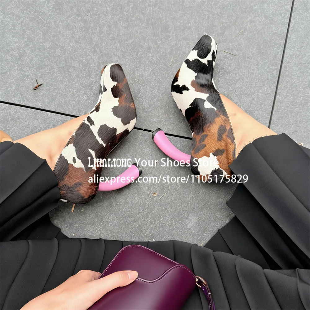 

Black and White Print Fluffy Sandals Curved Heel Buckle Ankle Strap Summer Shoes Open Square Toe Designer High Heels for Women