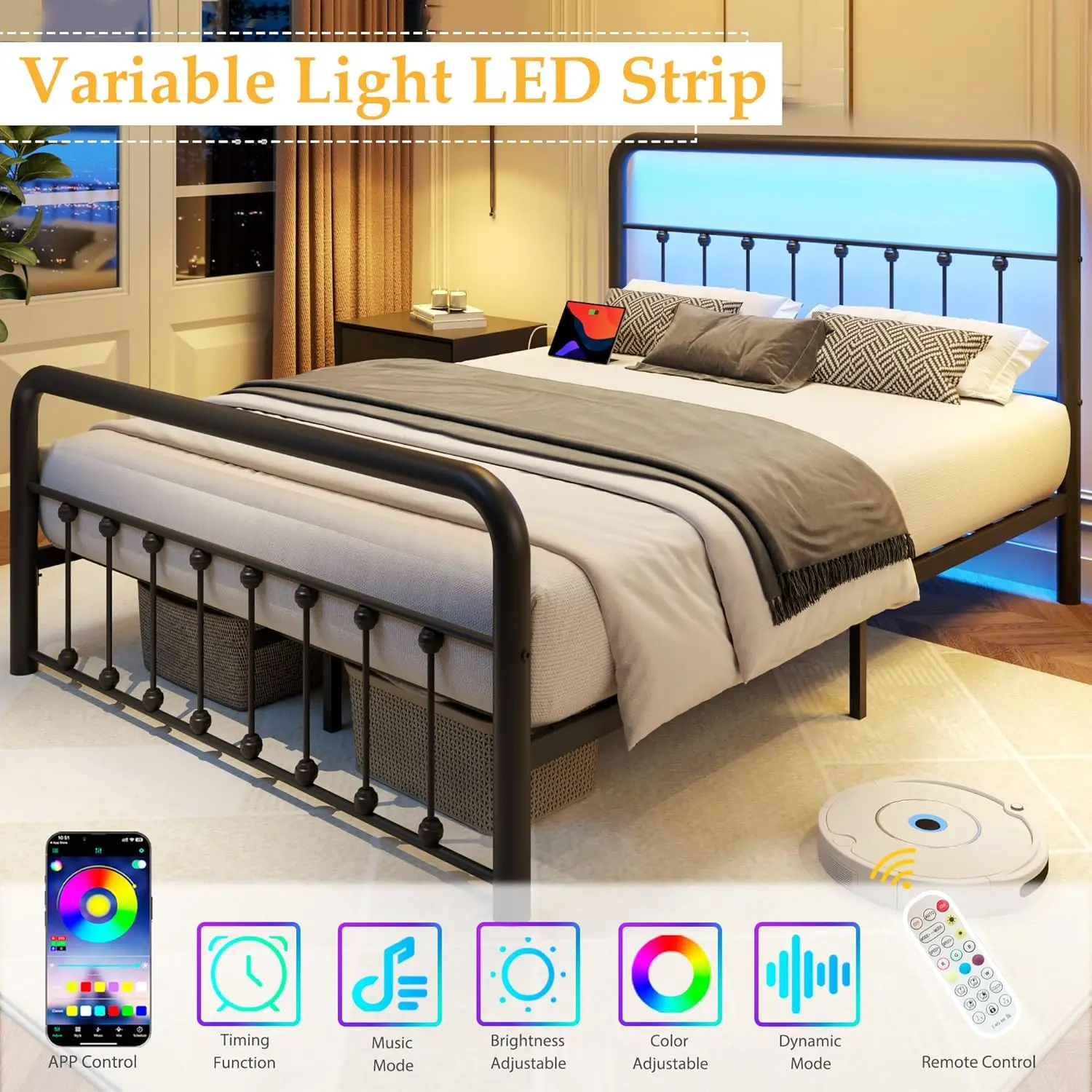 Bed Frame Classic Metal Platform Bed Frame with Charging Station & LED, Victorian Style Iron-Art Headboard/Footboard, Under Bed