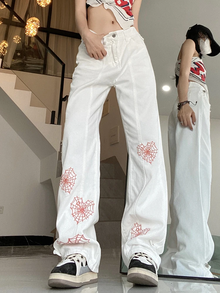 

S-XXXXL 2023 Summer New White Jeans High Waist Embroidered Punk Straight Denim Pants Women Korean Loose Casual Pocket Trousers