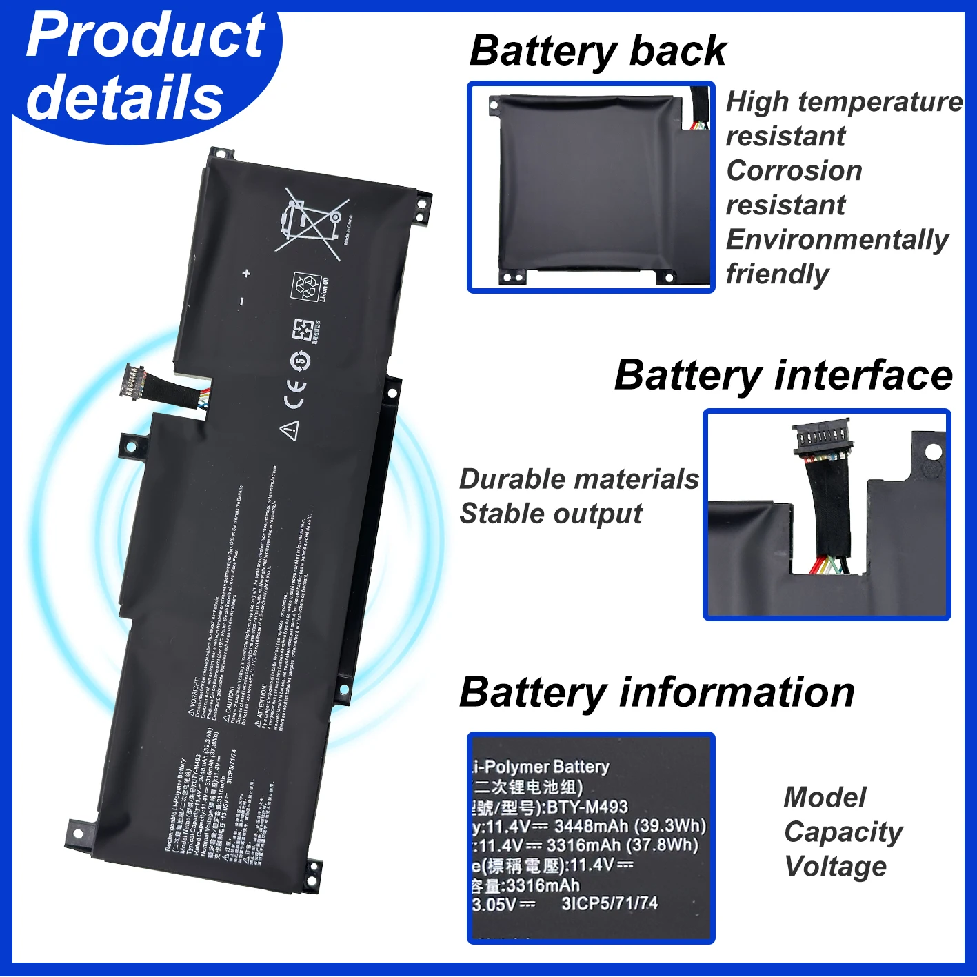 New BTY-M493 11.4V laptop Battery For MSI Prestige 14 i7-10710U MS-14C1 MS-14D1 A10RAS A10M A10SC A10SC-009 B10MW B10MW-017US