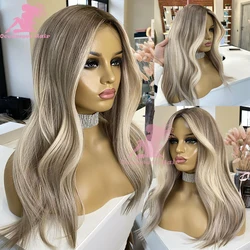 Glueless Lace Frontal Wig, Destaque Perucas de Cabelo Humano, Onda Natural, Enraizado Escuro, Castanho, Loiro de Cinzas, 13x4, 360