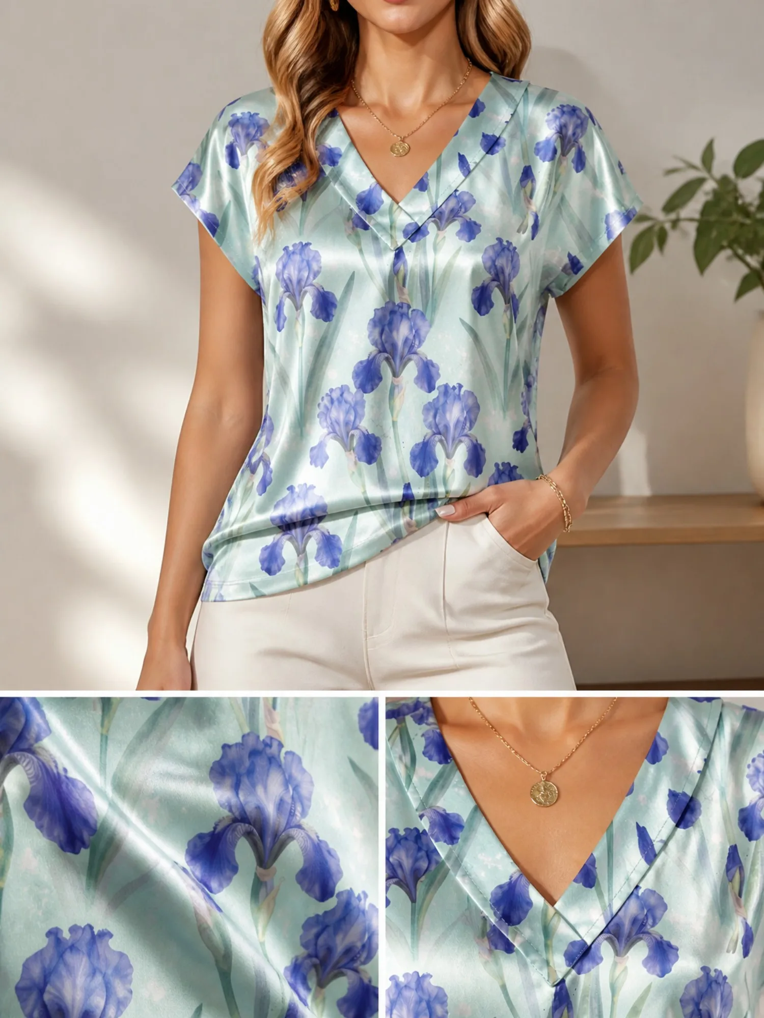 Floral Satin V Neck Top for Women Cap Sleeve Pullover Draped Fit Silky Resort Lounge Summer Wear Lightweight Breathable Vacation