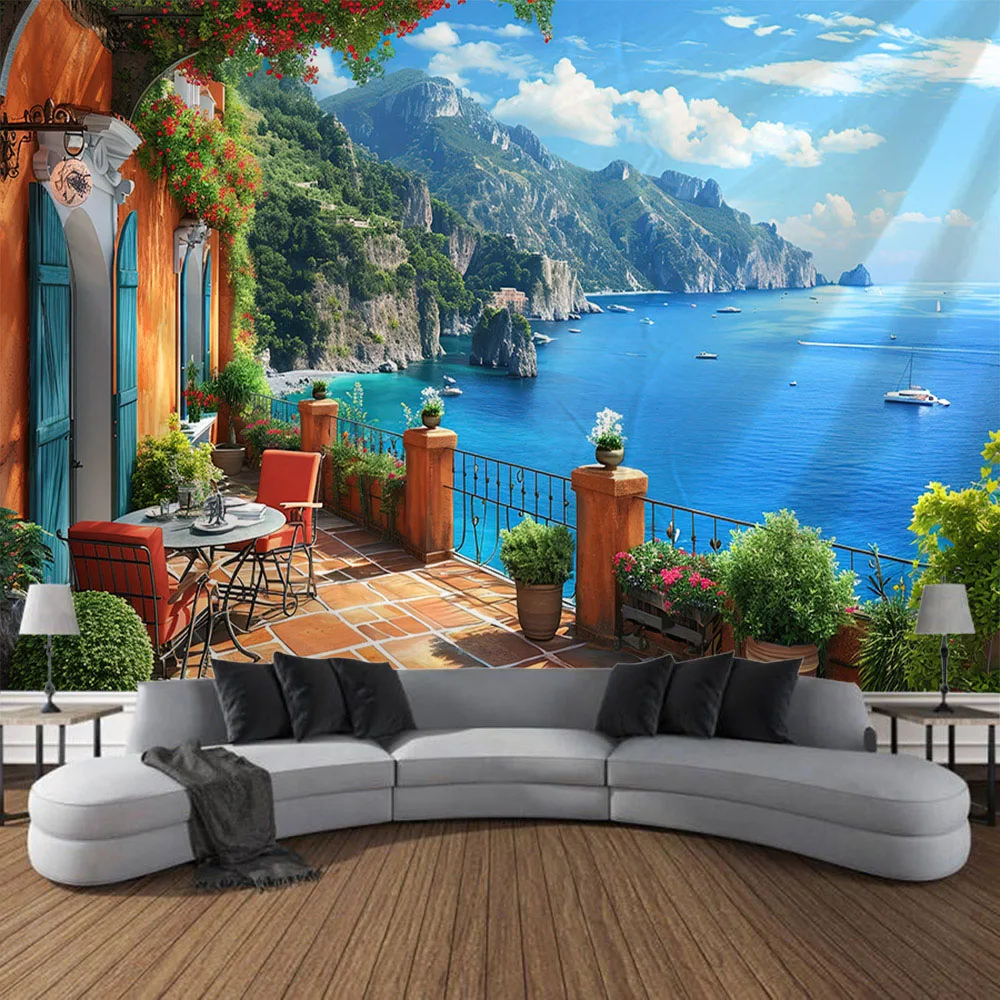 Beautiful seaside courtyard landscape tapestry wall hanging room wall decoration living room and bedroom background poster