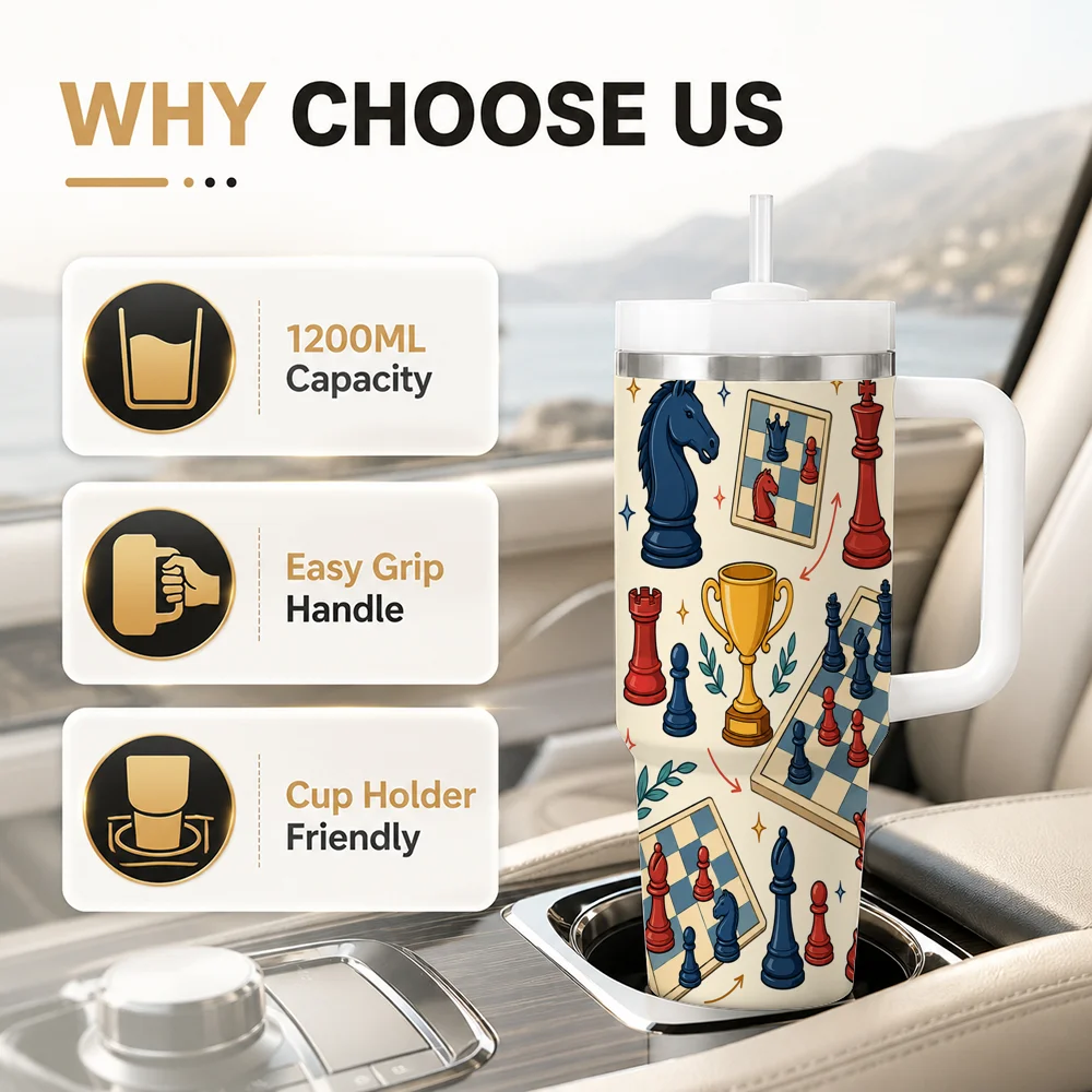 Chess Lover Gift for Men Vacuum Flasks 40oz Leakproof Steel Tumbler w/ Lid Straw Handle Hot Cold Drinks
