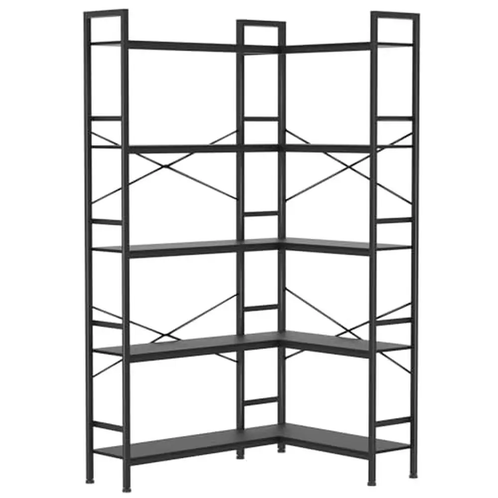 5-Tier Black L-Shaped Corner Bookshelf Home Office Living Room Bedroom Open Storage with Stable Metal Frame 33