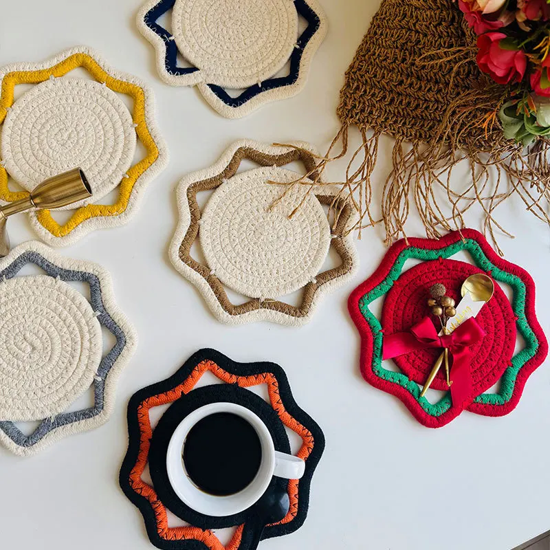 Handmade Cotton Rope Woven Heat-Resistant Mat Octagonal Insulated Placemat for Hot Dishes Halloween & Christmas Decor Coaster