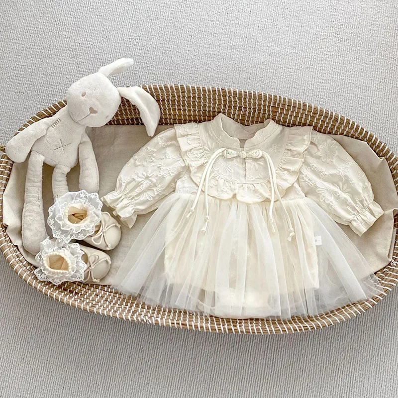 2025 New Autumn Toddler Baby Girls Romper Long Sleeved Cotton Mesh Splicing Infant Baby Girls Jumpsuit 0-24M Children Clothes