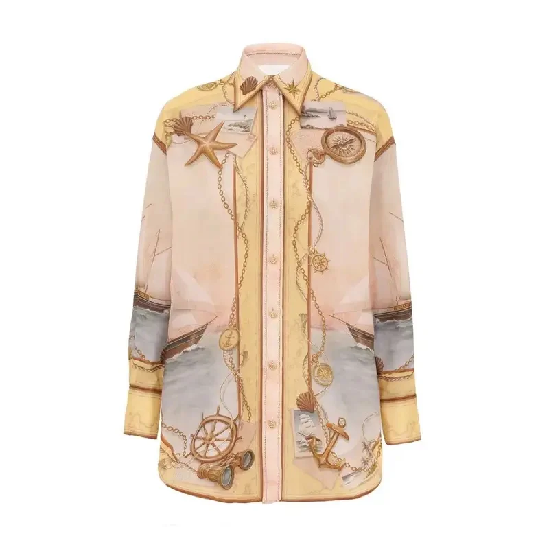 

Yellow Starfish Sailboat Position Print Long Sleeve Blouse Tops and Shorts Set Silk