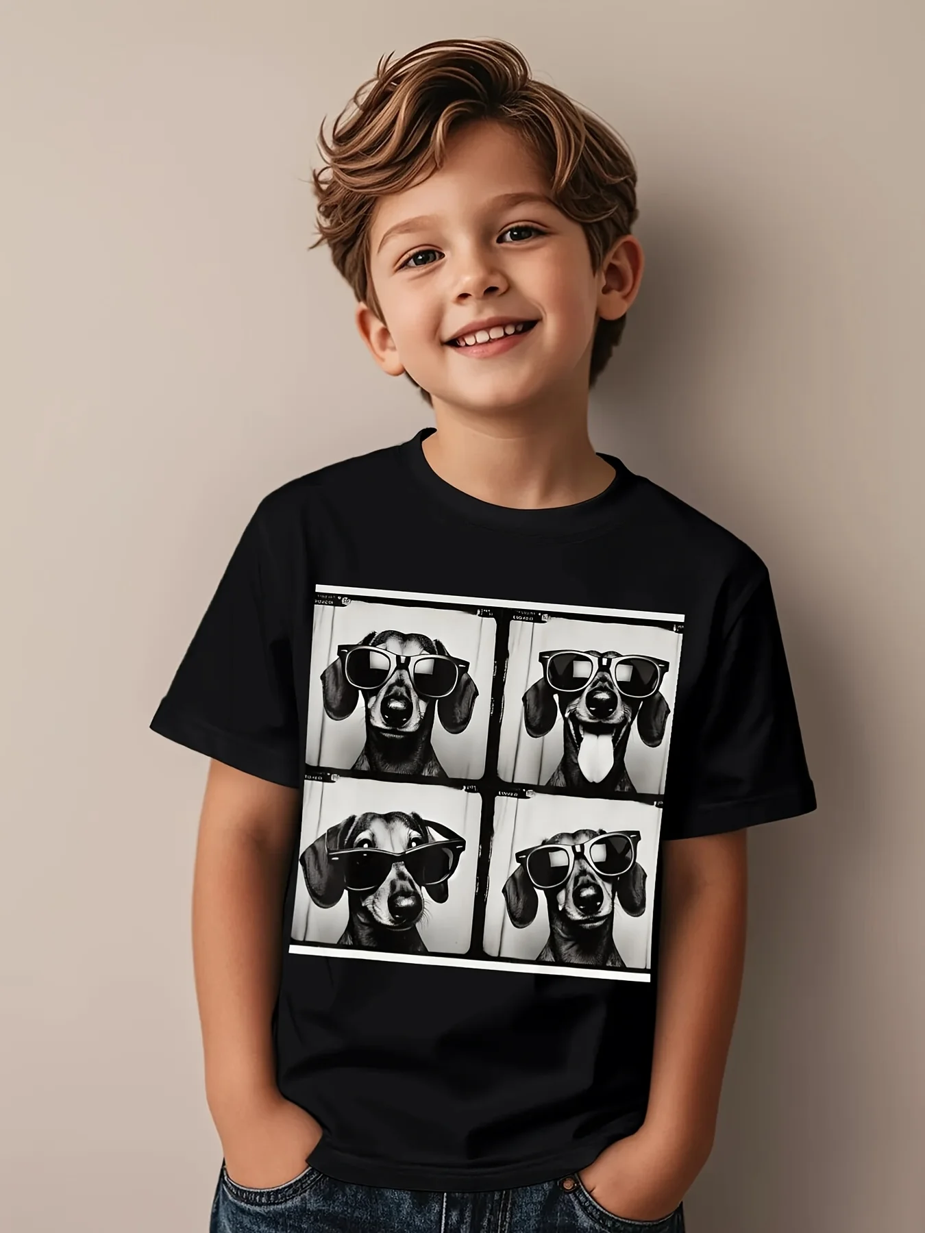 Sausage Dog Rock Cool Fashion Glasses Fun Aesthetics Printed Children's Round Neck T-shirt Street Style Parent Child Top