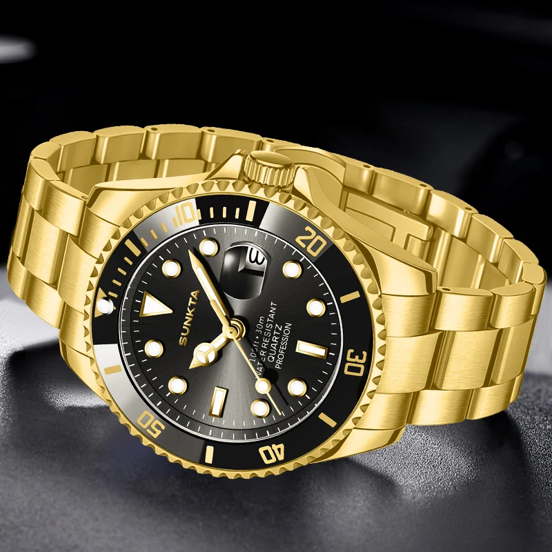 SUNKTA LIGE New Gold Quartz Wrist Watches for Men Fashion Business Waterproof Sports Men Watch Military Luminous Diver Watch Men