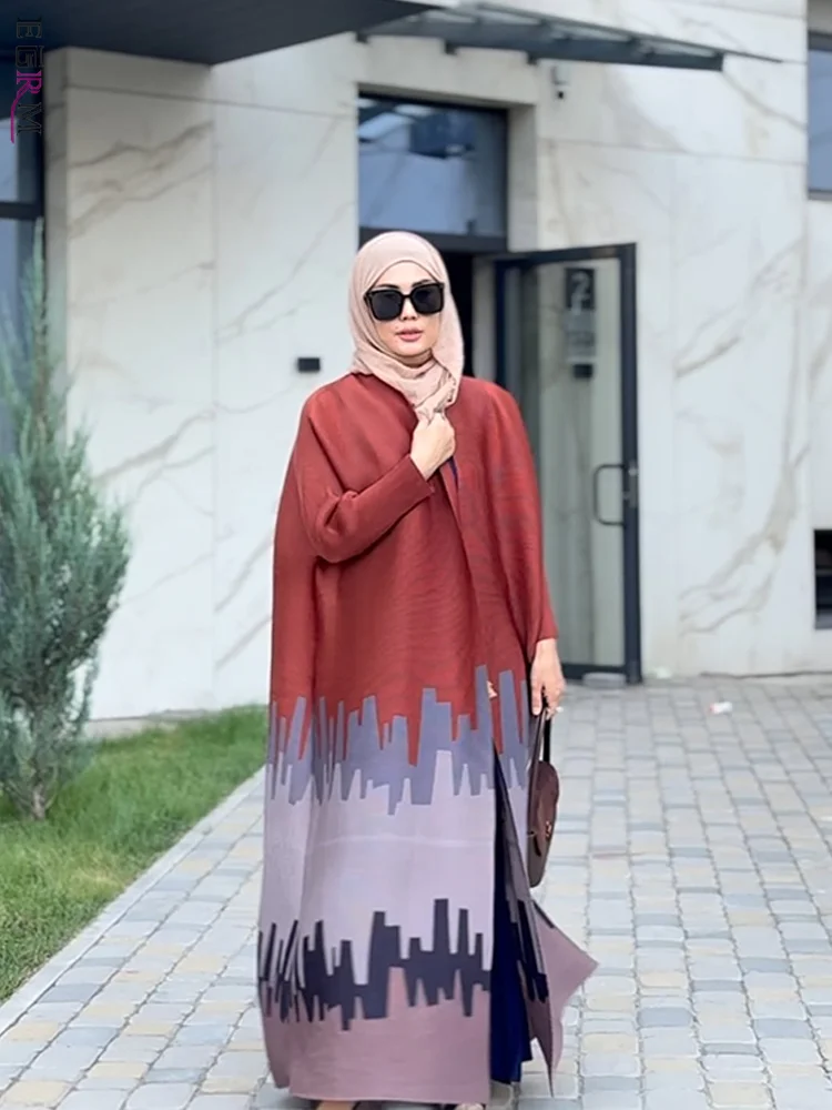 

EGRM Women Pleated Large Size Abaya 2025 Autumn New Retro Printing Cardigan Tie Original Design Dubai Luxury Female Abaya 3G1502