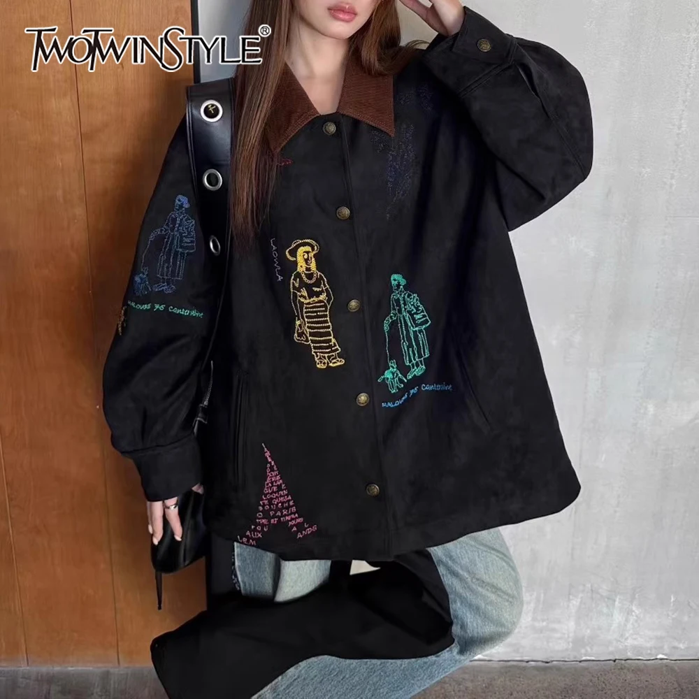 

TWOTWINSTYLE Solid Spliced Printing Jacket Female Lapel Long Sleeve Loose Streetwear Cool Women's Jackets Autumn Style Fashion