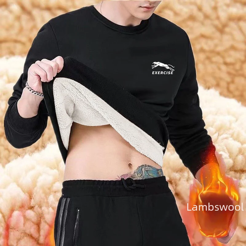 Autumn Winter Men Sheepskin Integrated Fleece Warm Long Sleeve T-shirt Loose Round Neck Top Casual