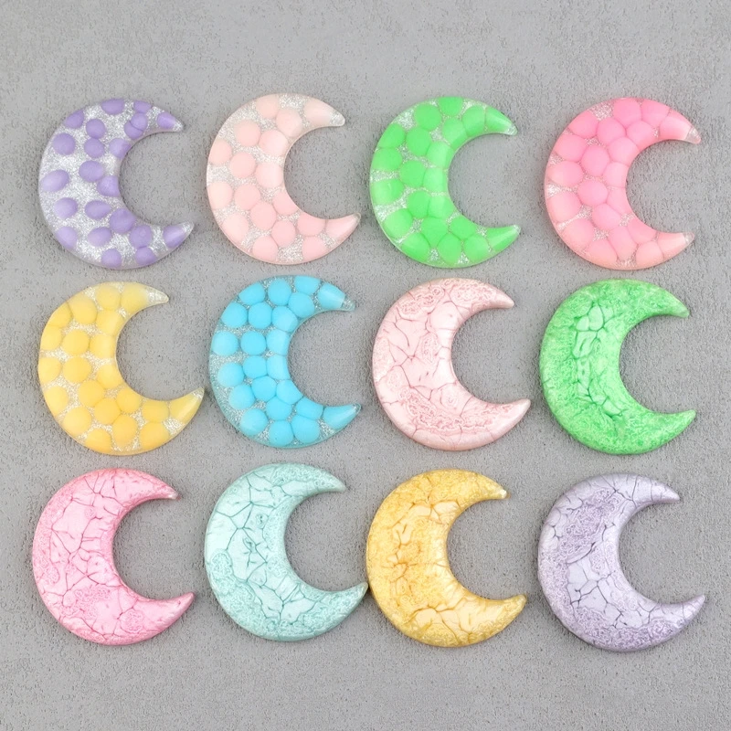 10pcs Big Moon Resin Cabochon Flatback for Jewelry Making Colorful Crackled Moon Transparent Ornament for Phone Case Large Charm