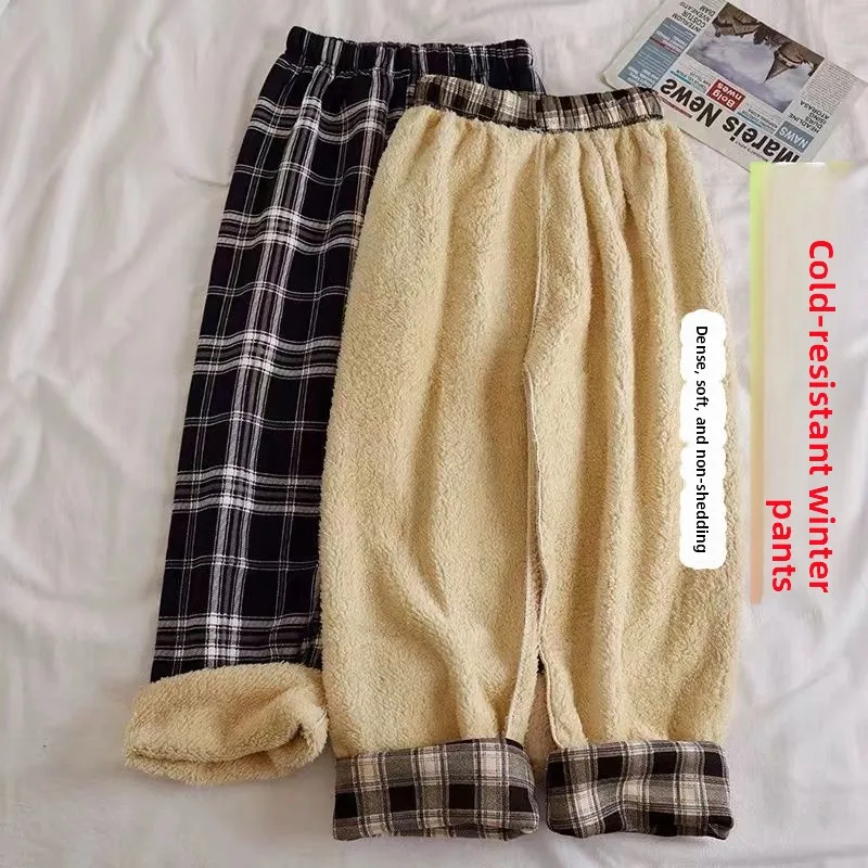 Ladies High Waist Fleece Lined Wide Leg Pants Casual Sporty Plaid Fashionable Straight Cut Home Comfort Wear Winter Thickened...