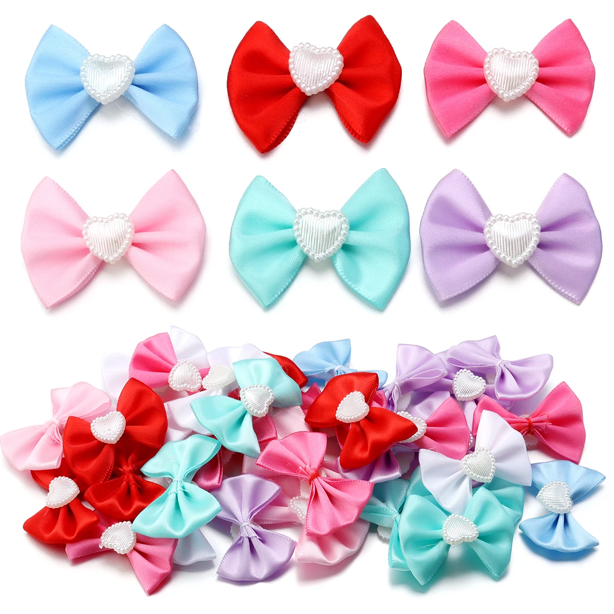 20pcs Colorful Polyester Satin Ribbon Bows Heart Shape Imitation Pearl Bowknots For DIY Clothing Christmas Wedding Party Decor