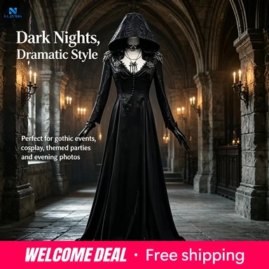 Costume da strega per Halloween, abito lungo in jacquard con cappuccio e guanti, ideale per feste a tema e balli in maschera, in stile gotico e nero.