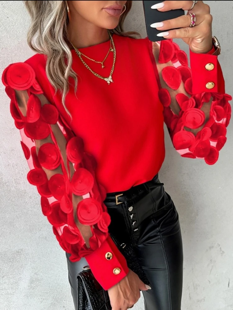 

Spring Autumn Long Sleeve Blouse Fashion O-neck Petal Sleeve Shirt Design Shirts for Women Trends Tops Streetwear Pullovers Red