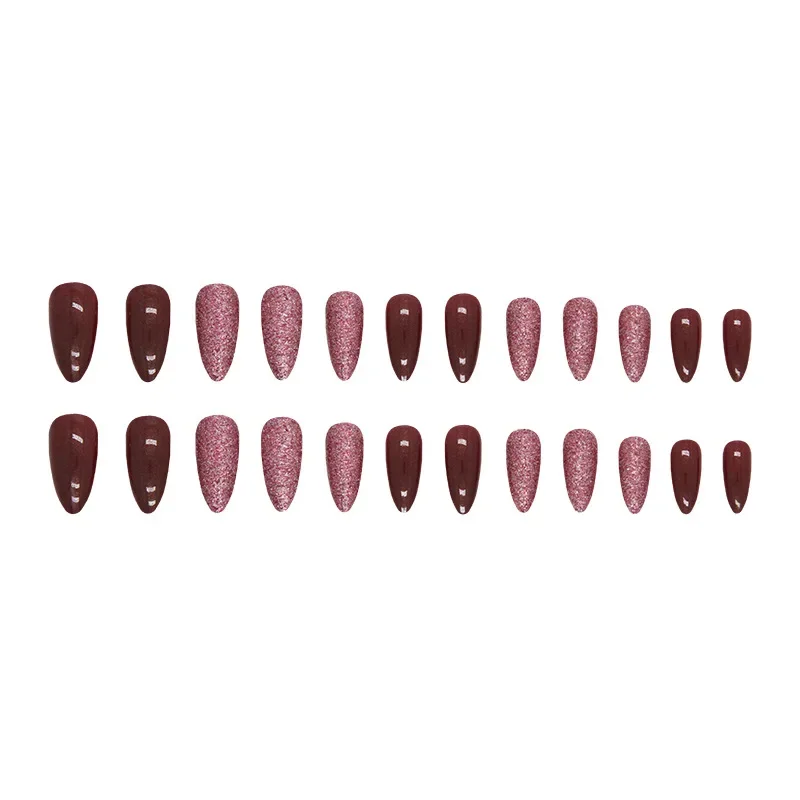 24 Pcs Medium Acyrlic Press on Nails Girls Ready-made Artificial Stick-on Nails Red Glitter Almonds Fake Nails with Glue Winter