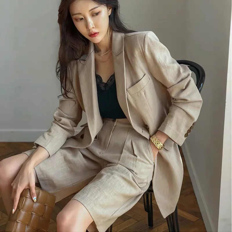 Flax Suit Women\'s Spring Summer 2023 New Casual Thin Cotton  Linen Small Blazers+shorts Two-piece Sets Comfortable Khaki Suits