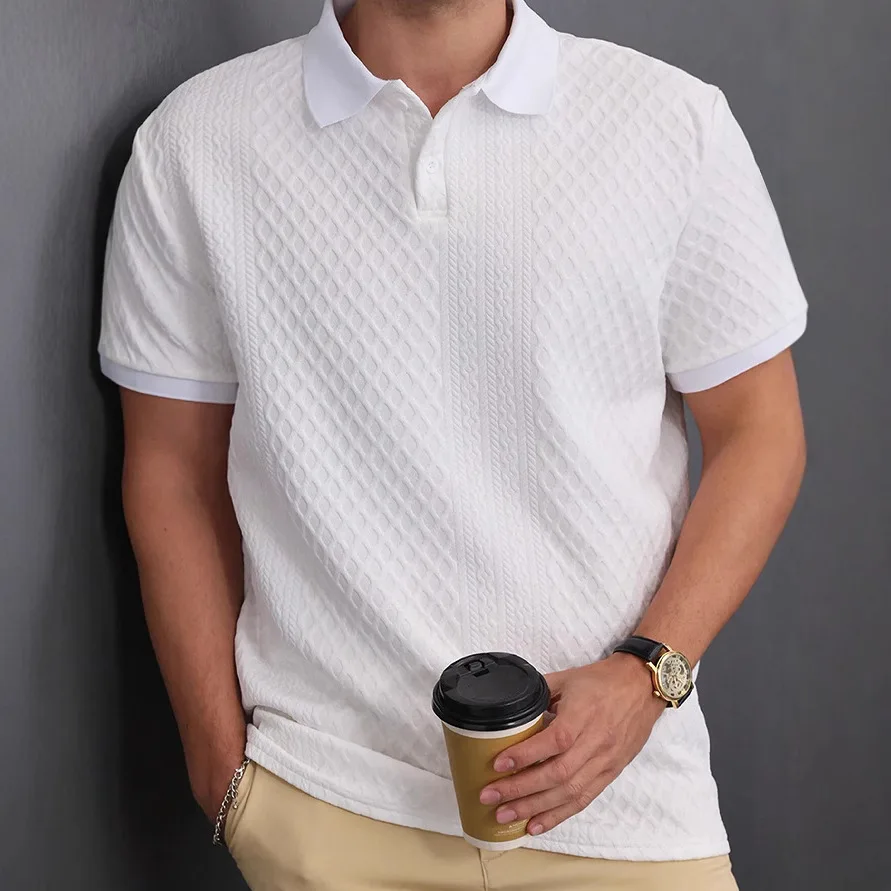 Cross-Border Men's New Jacquard Fabric Button-Front Solid Color Collared Basic Texture Top