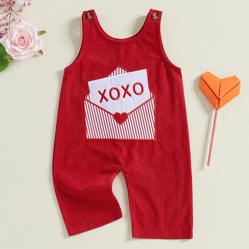 Valentijnsdag overall voor kinderen Romper Corduroy envelop Hart geborduurd mouwloos jumpsuit met ronde hals