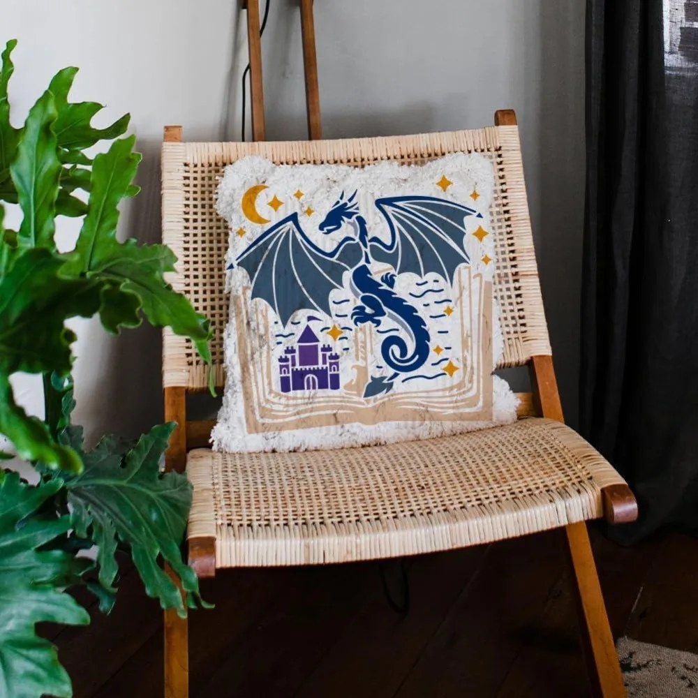 Dragon Fairy Book Stencil 11.8×11.8inch Large Castle Medieval Dragon Book Stencil with Paint Brush Dreamy Castle Moon Star Wall - view 2
