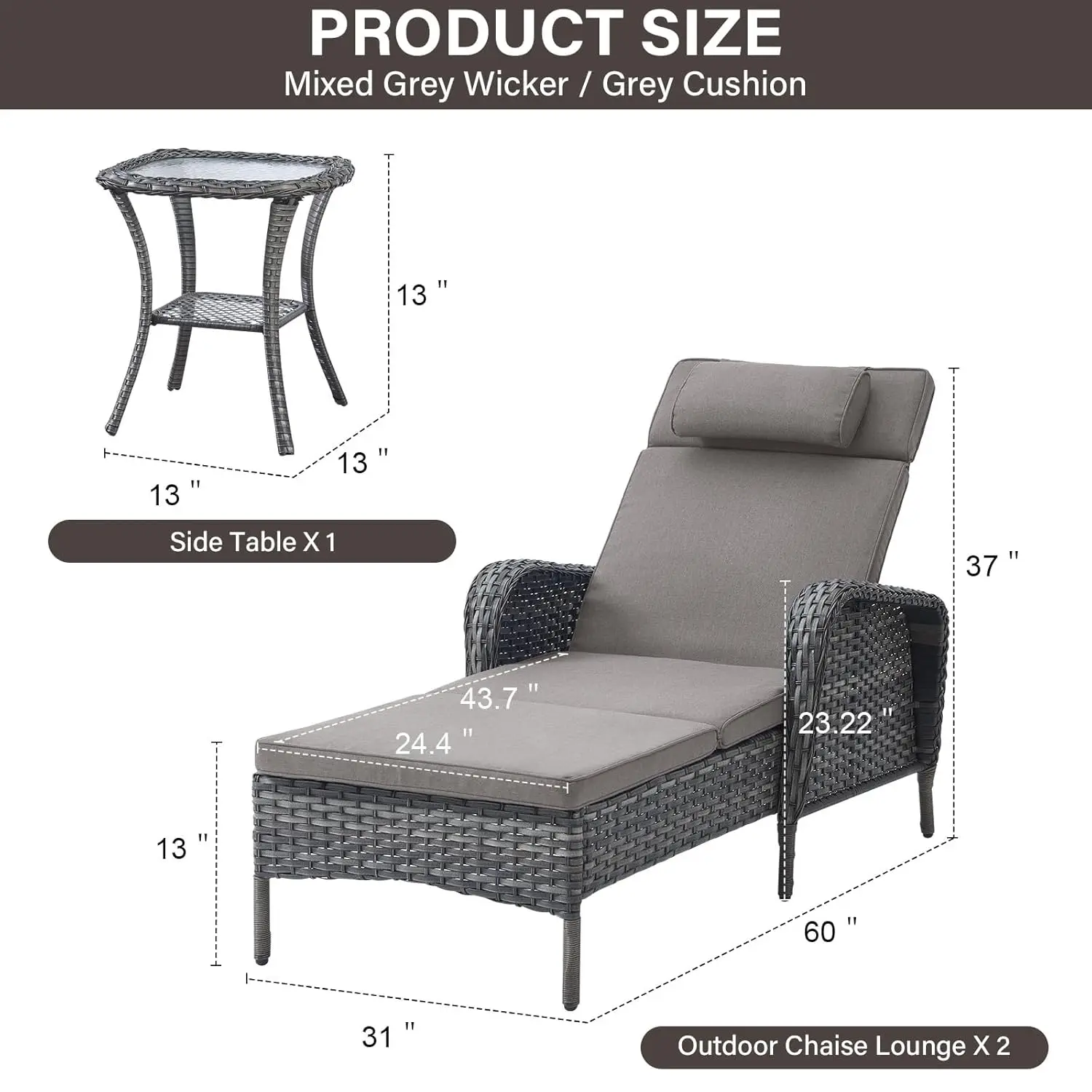 3 Piece Outdoor Chaise Lounge Patio Recliner - 75 Inch Adjustable Wicker Chaise Lounge with Soft Pillow Removable, Customized view 2