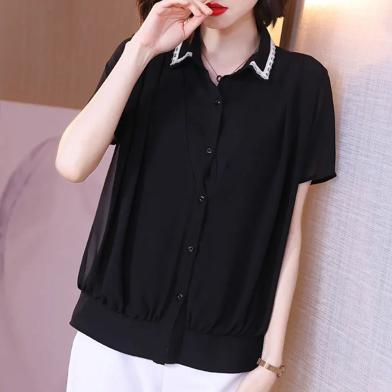 Office Lady Turn-down Collar Blouse Summer Stylish Lace Spliced Women's Clothing Single-breasted Basic Korean Short Sleeve Shirt