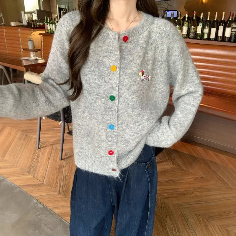 2026 Spring/Autumn/Winter Korean Fashion Sweet Round Neck Color Buckle Dog Pattern Long Sleeve Sweater Coat Top Cardigan view 6
