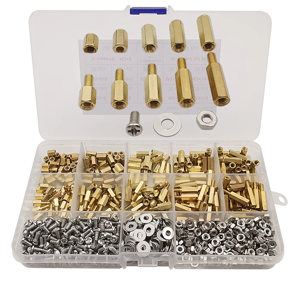 910Pcs/Box M3 Hex Brass Male Female Standoff Board Pillar Thread PCB Motherboard Standoff Pillar Screw Nut Washer Assortment Kit