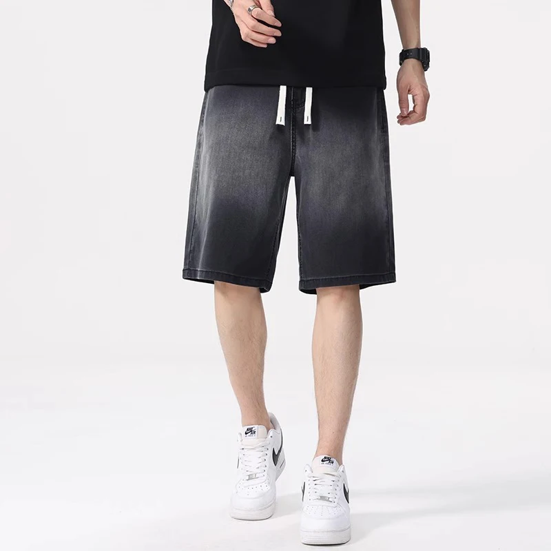 

Men Summer Lightweight Smoke Gray Ice Silk Denim Shorts Trend Male Loose Straight Jeans Fashion Gradient Color Casual Trousers