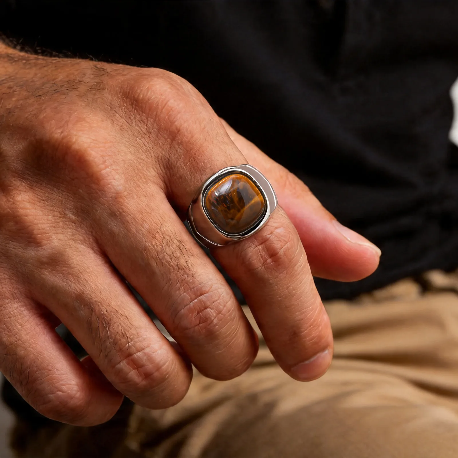 Tigerauge-Steinring für Männer und Jungen, Edelstahl-Naturstein-Quadratring, Lässiger Punk-Schmuck, Geschenk für Vater und Sohn – Detail 3