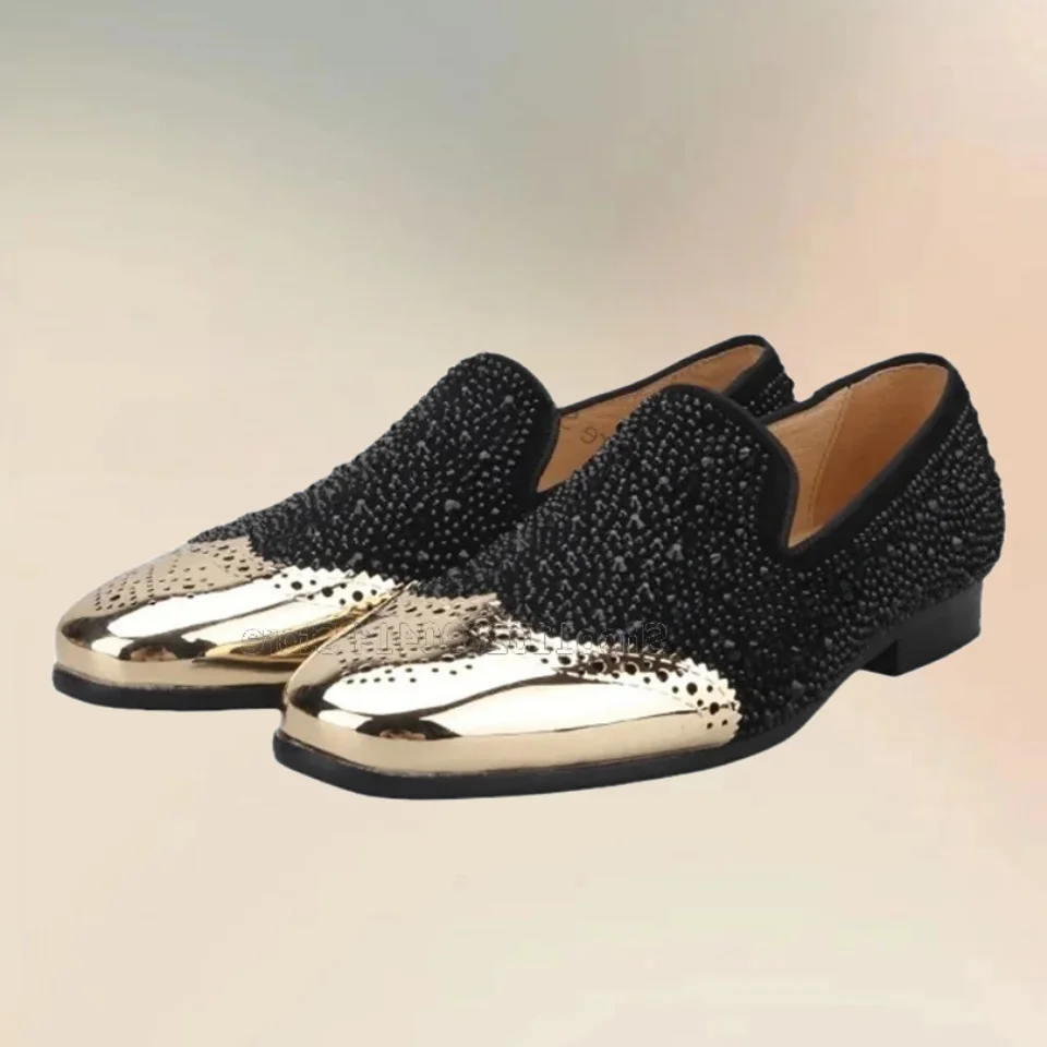 Black Rivets Gold Pointed Toe Breathable Loafers Fashion Slip On Men Shoes Luxury Handmade Party Banquet Office Men Dress Shoes