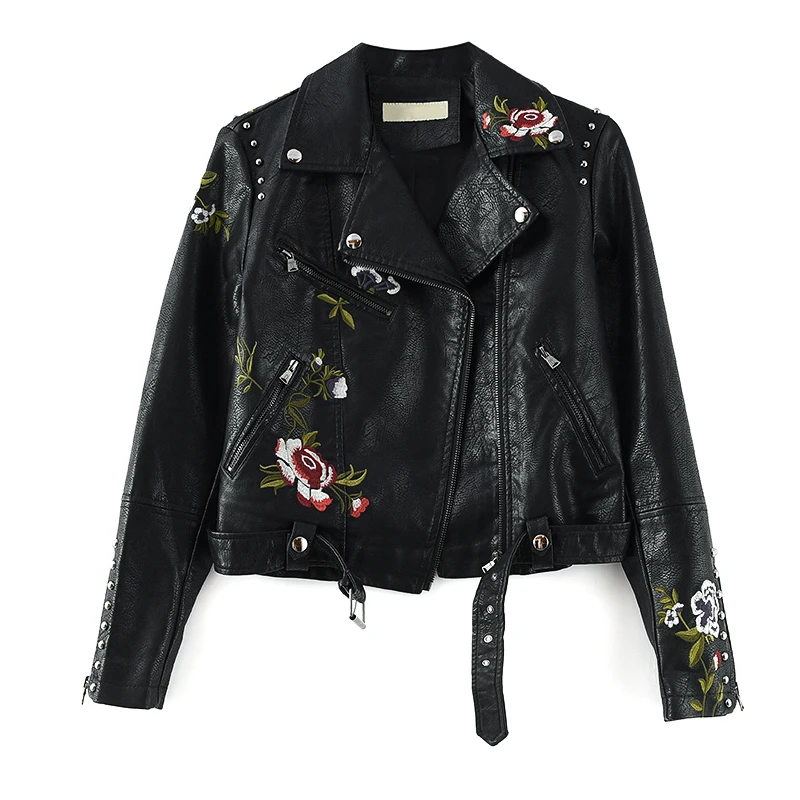 Autumn Newwomen Vintage Flower Embroidery Slim Short Faux Leather Coat Streetwear Fashion Lapel Long Sleeve Female Biker Jacket