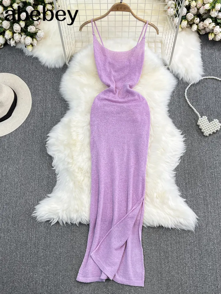 Blue/purple Summer Knit Sexy Strap Dress Women Tank Elatic Waist Bodycon Sundress Female Beach Split Backless Maxi Long Dress