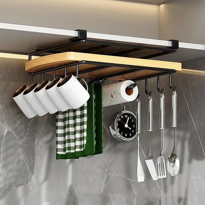 

Kitchen Hanging Organizer Rack with Hooks Under Cupboard Paper Towel Rags Hanger Cutting Board Pot Cover Holder Storage Shelf