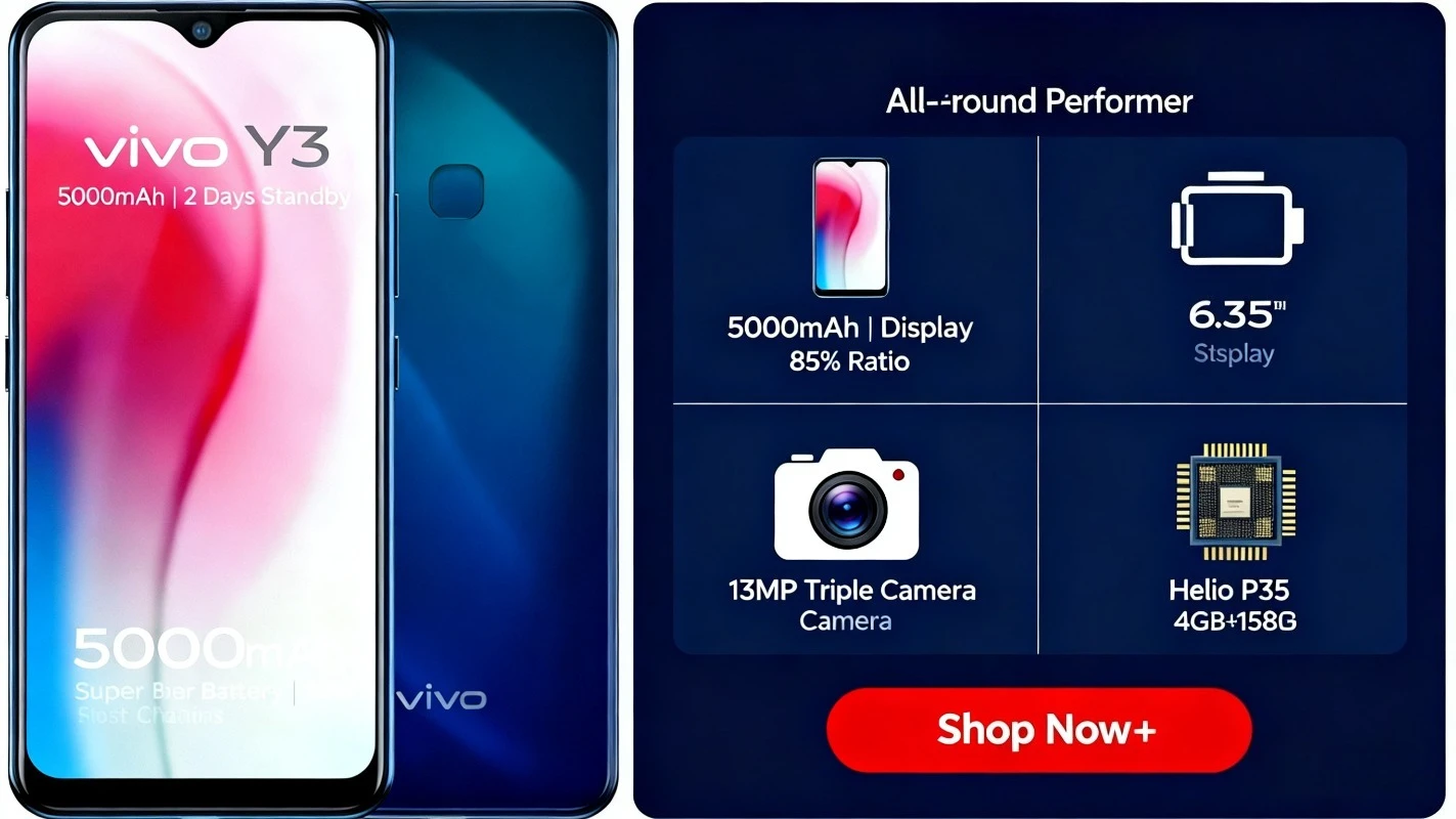 สมาร์ทโฟน Vivo Y3 หน้าจอ 6.35 นิ้ว กล้องหลัง AI สามเลนส์ 13MP ช่องเสียบหูฟัง 3.5 มม. แบตเตอรี่ 5000mAh รองรับชาร์จเร็ว