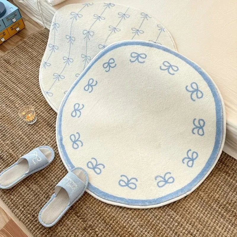 Tapis rond doux et moelleux bleu avec nœud papillon, idéal pour chambre à coucher, salon, décoration intérieure, paillasson d'entrée