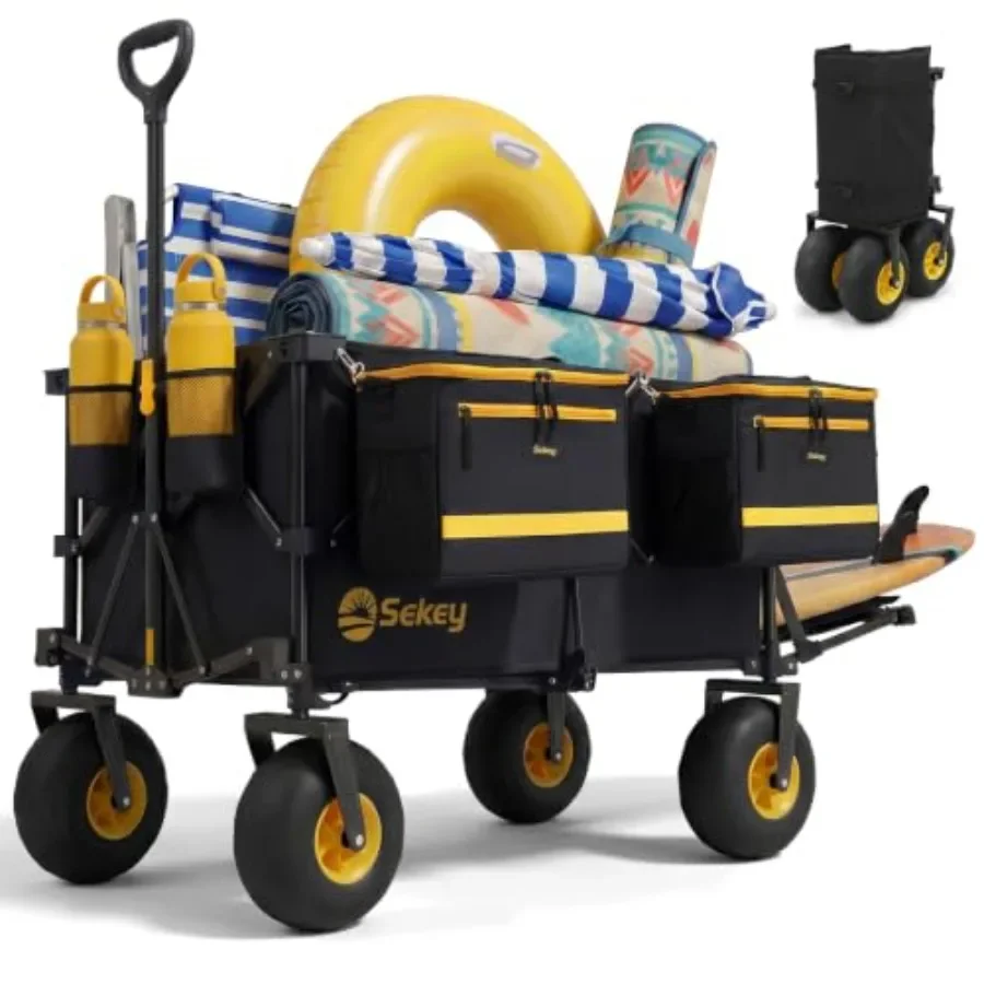 Heavy Duty Beach Wagon for Sand, Camping, Vacation: 9 Sand-Proof Balloon Tires, 300L Foldable Cart with Cooler, Adjustable Hand