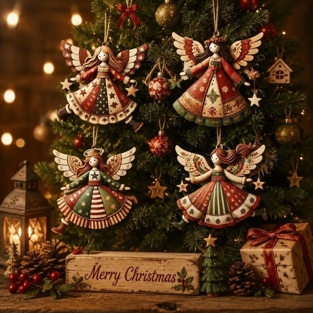 4 pcs Fantasy Wooden Christmas Tree Decor 2D Flat Ornaments Girl-Shaped Pendant Colorful Design Christmas Hanging Winter
