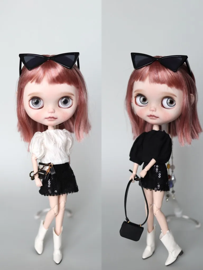 Blythes doll clothes suitable for 1/6 size OB24  fashionable new style white or black shirt+black sequin skirt two-piece set