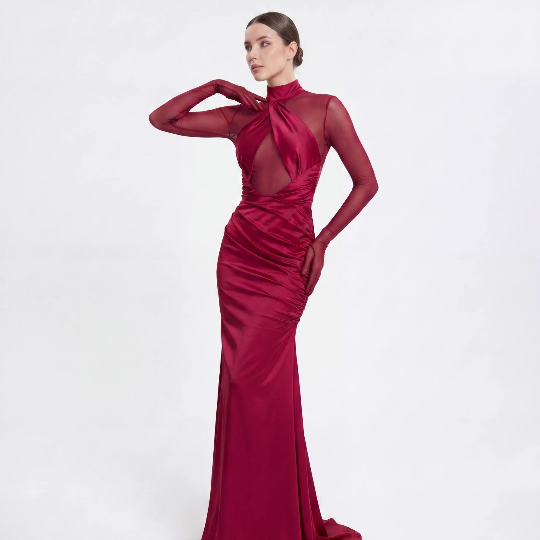 

Red Silk Satin Long Sleeve Sexy See through Floor Length Dress for Performance Red Carpet Show off Elegant Evening Gown