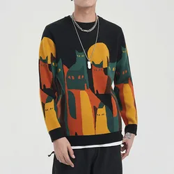 Jesienny sweter z dzianiny męski zimowy Harajuku Cartoon pełny nadruk kota sweter wiosna Vintage męskie luźne swetry Streetwear