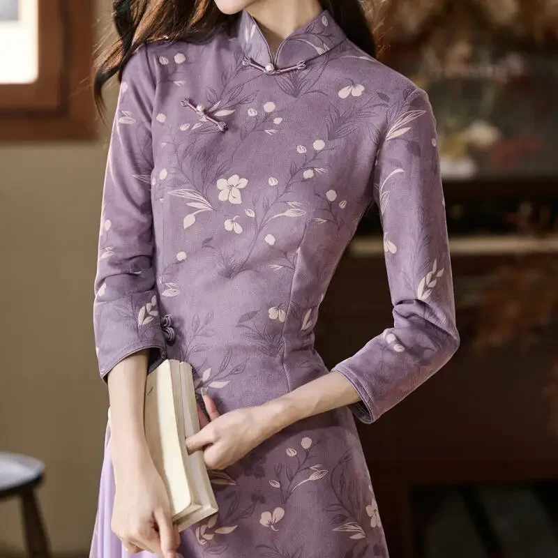 فستان Aodai Qipao المطبوع لخريف 2025 على الطراز الصيني الجديد فستان نسائي أنيق محسّن من تشيباو مثير للولائم Hanfu Vestidos Chesongam